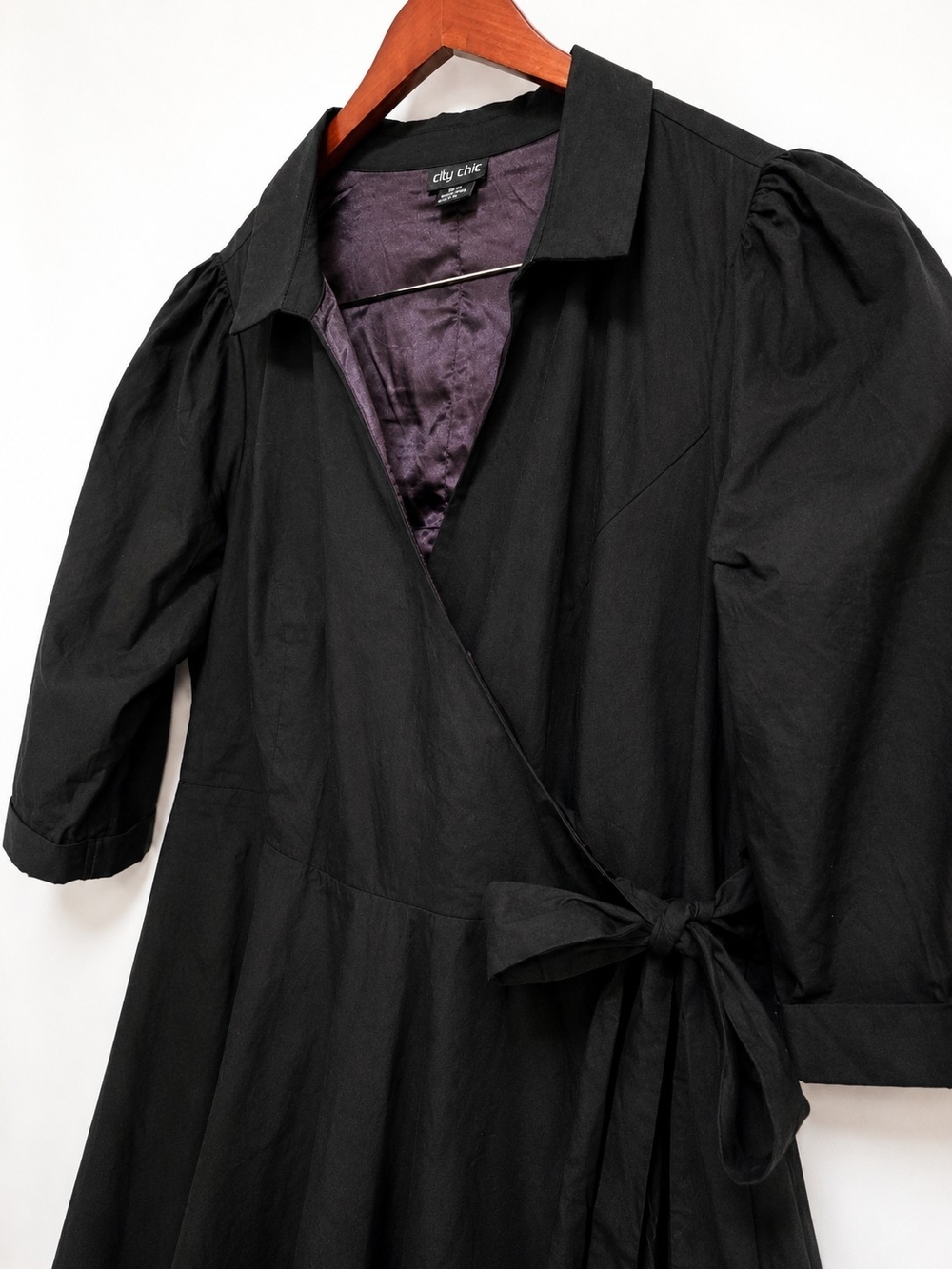 City Chic Black Wrap Dress 22 Plus Size Fit & Flare Puff Sleeve Pockets - Picture 6 of 11